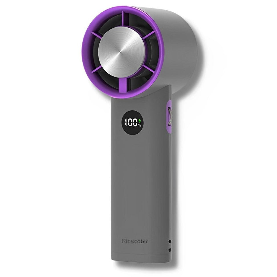 Portable handheld fan with intuitive display showing speed and battery